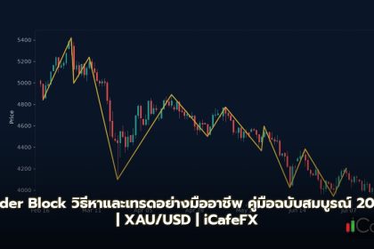 ภาพกราฟิกระบบเทรดออเดอร์บล็อกอธิบายจุดเข้าเทรดและแนวรับแนวต้านบนแท่งเทียนราคา