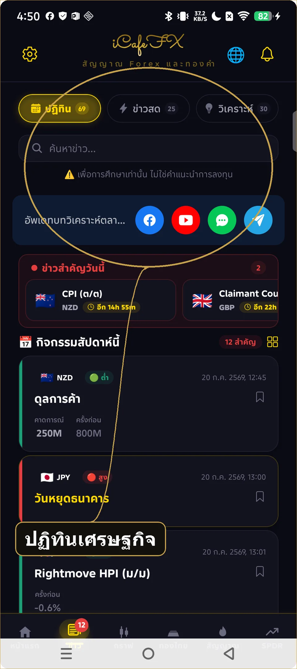 ปฏิทินเศรษฐกิจและข่าวตลาดในแอป iCafeFX แจ้งเตือนก่อนข่าว 30 นาที 3 ระดับผลกระทบ